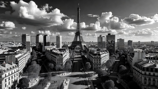 A contemporary view of Paris and the Eiffel Tower, presented in black and white.