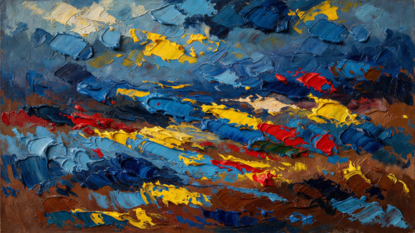 A painting shown in close detail, revealing its colour and brushwork.