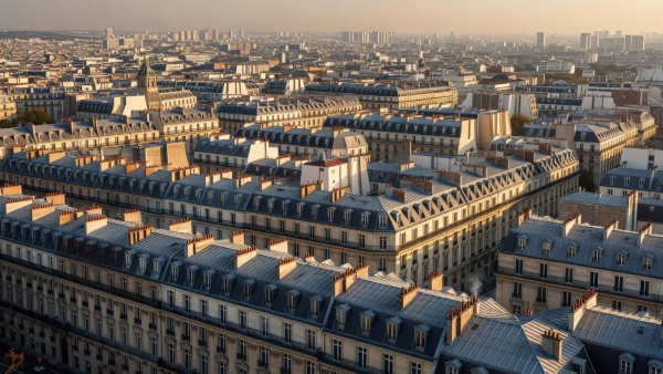 Parisian rooftops and buildings stretching across the city.