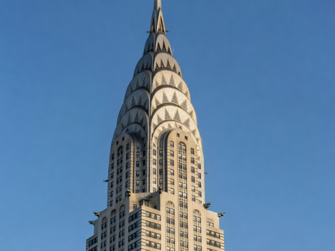 The Chrysler Building’s tiered Art Deco crown and geometric window patterns in New York.