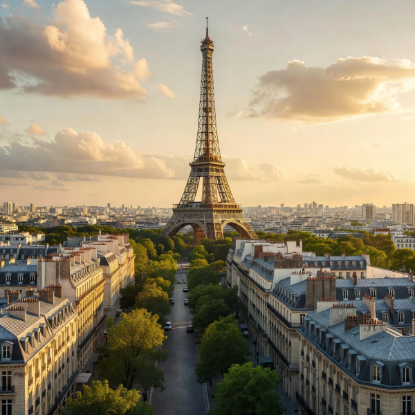 The Eiffel Tower rising above the rooftops and tree-lined avenues of Paris.